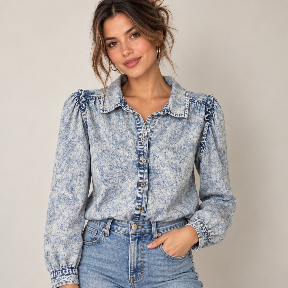 Aaron & Amber Womens Acid Wash Denim Puff Sleeve Ruffle Button Down Shirt Medium